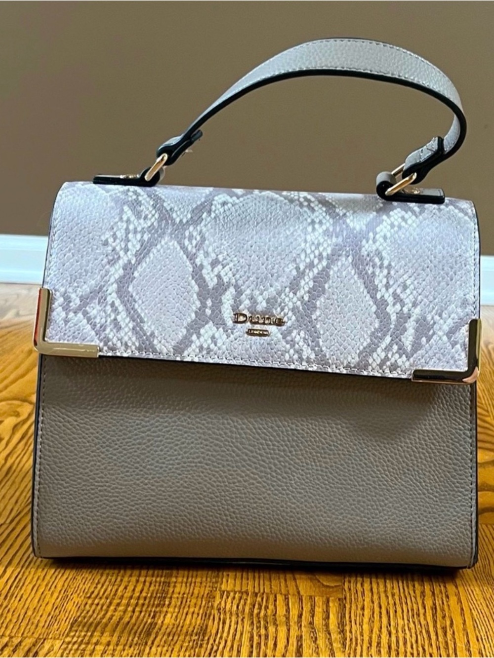 Dune London Gray Snake-Print Flap Top-Handle Satchel